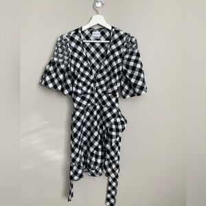 Saylor women plaid black and white gingham check V-neck mini dress XS summer